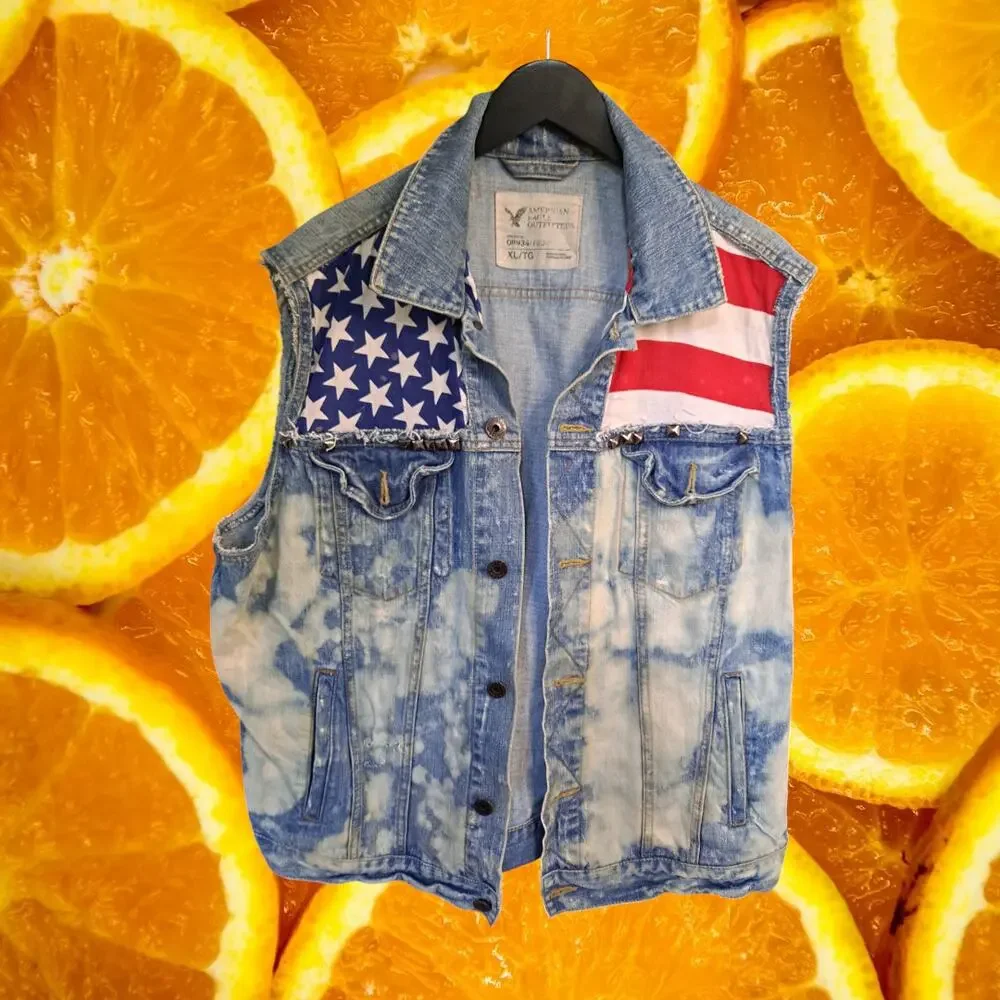 American Eagle Outfitters American‎ Flag Acid Wash Denim Vest Size XL